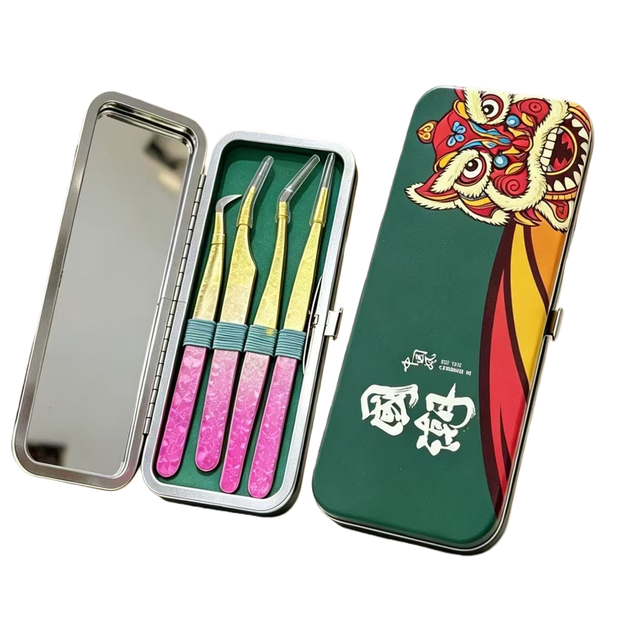 Guozao caja de hierro verde de tres pinzas de uñas juego de patrón de león de baile patrón rosa manijas pinzas de oro pequeño espejo herramienta de manicura portátil Item Picture