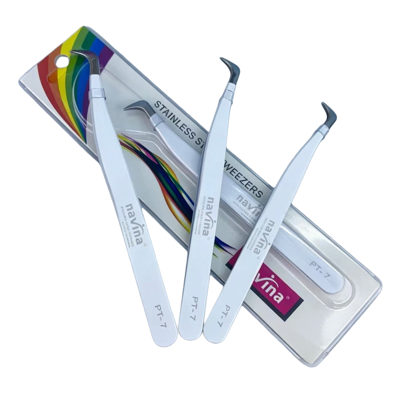 NavinaPT7 white metal elbow three-pair tweezers Rainbow packaging card portable beauty tool Item Picture