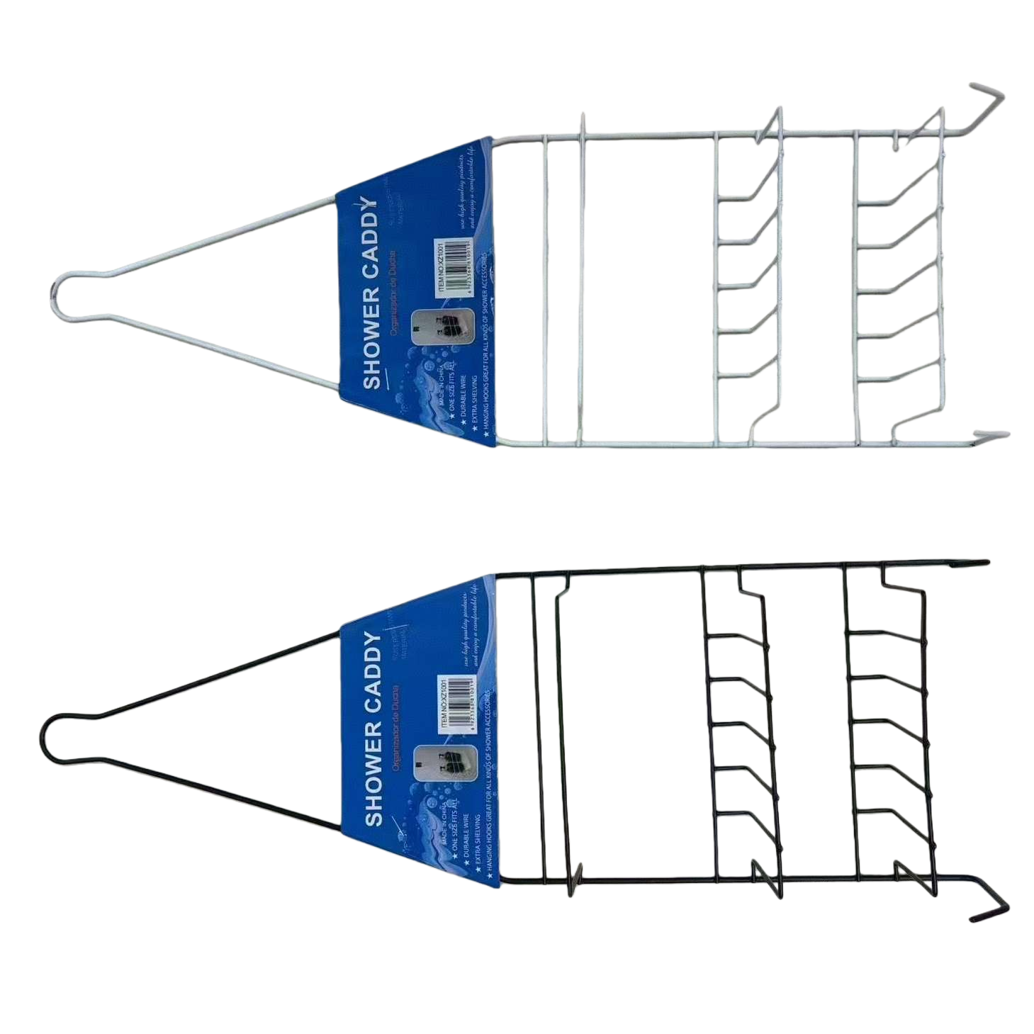 Multi-functional white and black shower stand with blue label, anti-slip and durable bathroom storage rack, simple style Item Picture