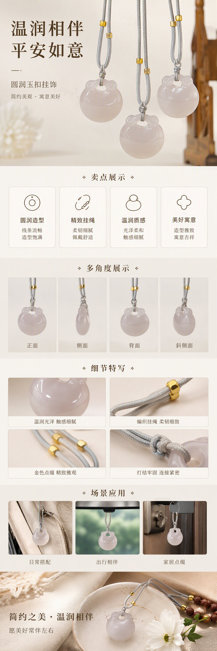精美浅色玉雕吊坠天然玉石挂件时尚简约项链配饰礼物佳品详情1