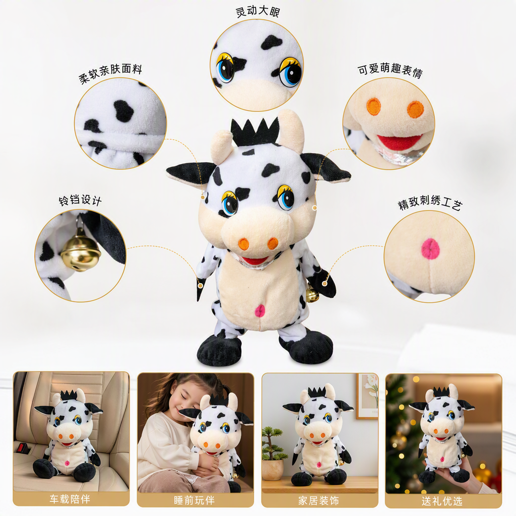 A cute walking black and white spotted cow doll, a fabric handmade doll, a children's toy gift