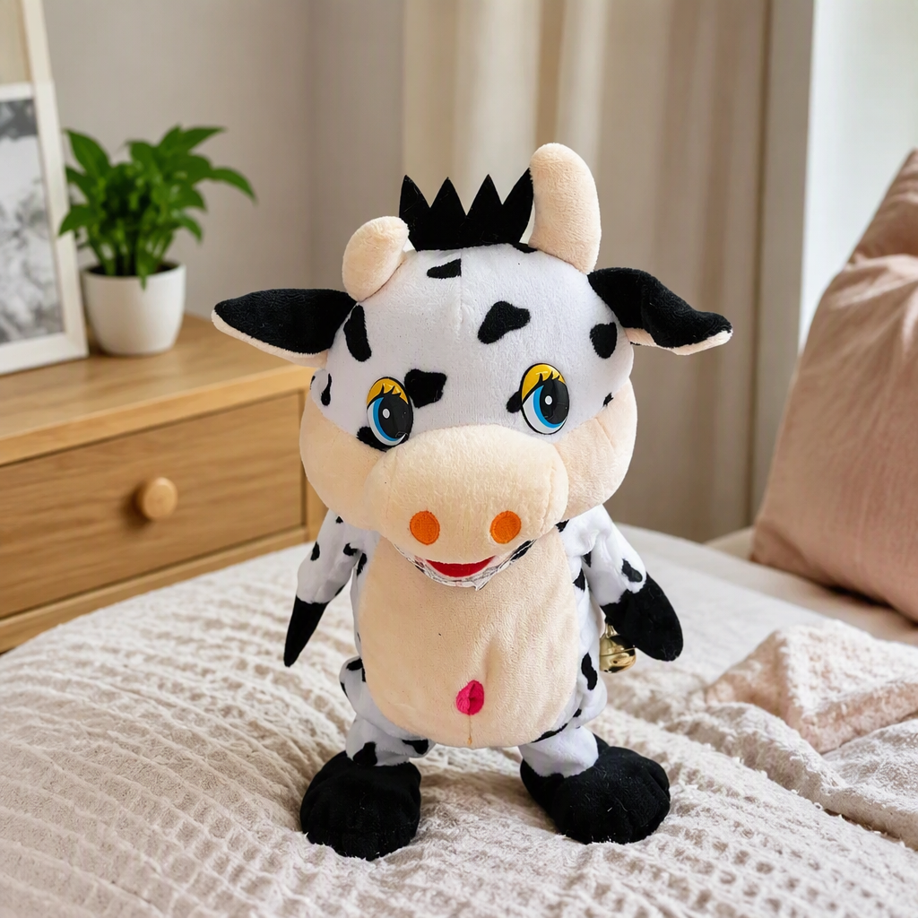 A cute walking black and white spotted cow doll, a fabric handmade doll, a children's toy gift details Picture