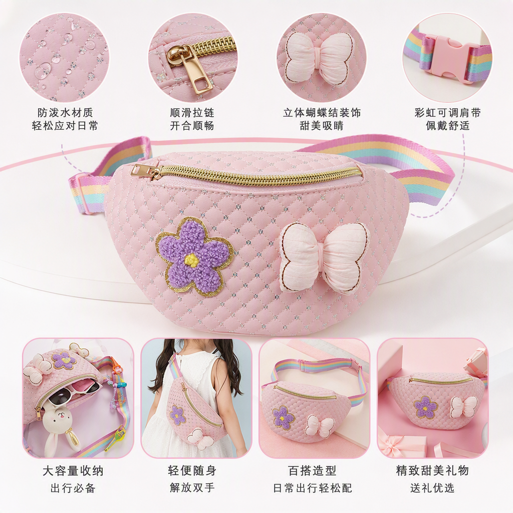 Pink diamond-shaped waist bag, purple flowers, pink butterflies decorated with rainbow stripes, shoulder strap, fashionable and versatile women's bag, trendy and casual bag Pink diamond-shaped waist bag, purple flowers, pink butterflies decorated with rainbow stripes, shoulder strap, fashionable and versatile women's bag, trendy and casual bag