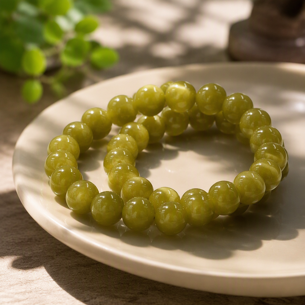 Jade avocado color fashionable bracelet for women, simple and versatile wrist accessory, trendy student couple gift, 10mm beads Application Scenario