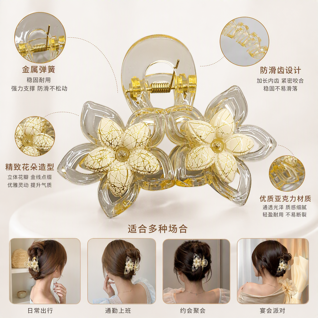 Golden patterned transparent hair clips, elegant hair accessories, headwear, hair tie clips, simple and versatile hair clip decorations
