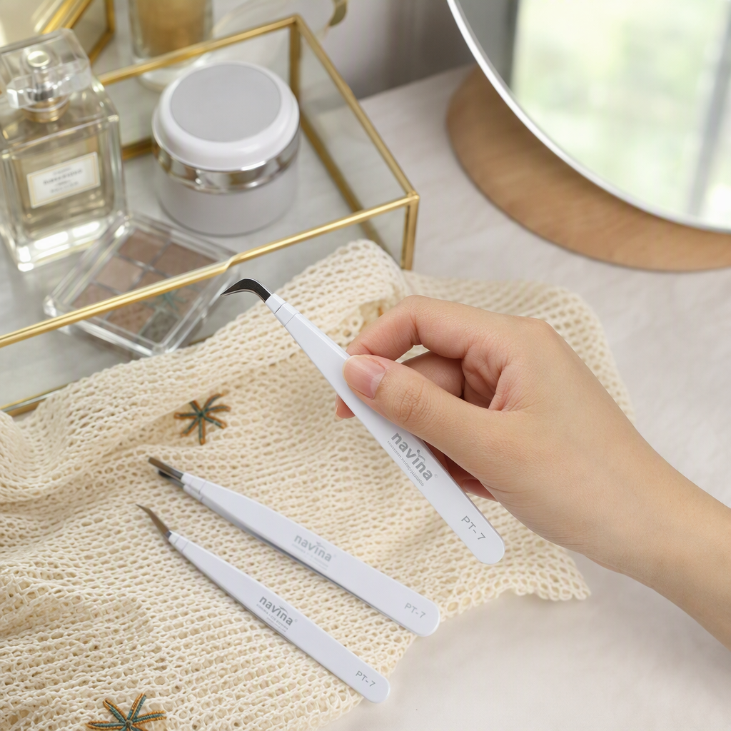 NavinaPT7 white metal elbow three-pair tweezers Rainbow packaging card portable beauty tool details Picture