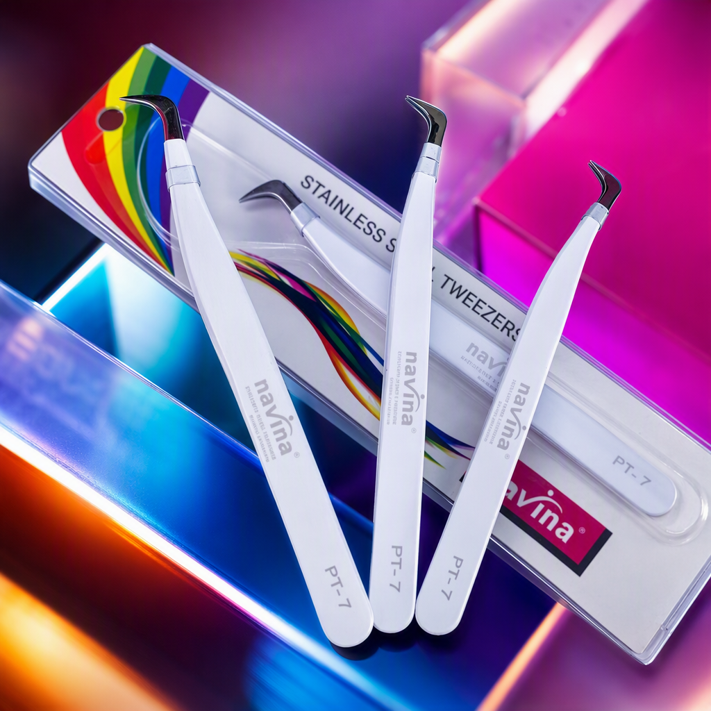 NavinaPT7 white metal elbow three-pair tweezers Rainbow packaging card portable beauty tool Specification image