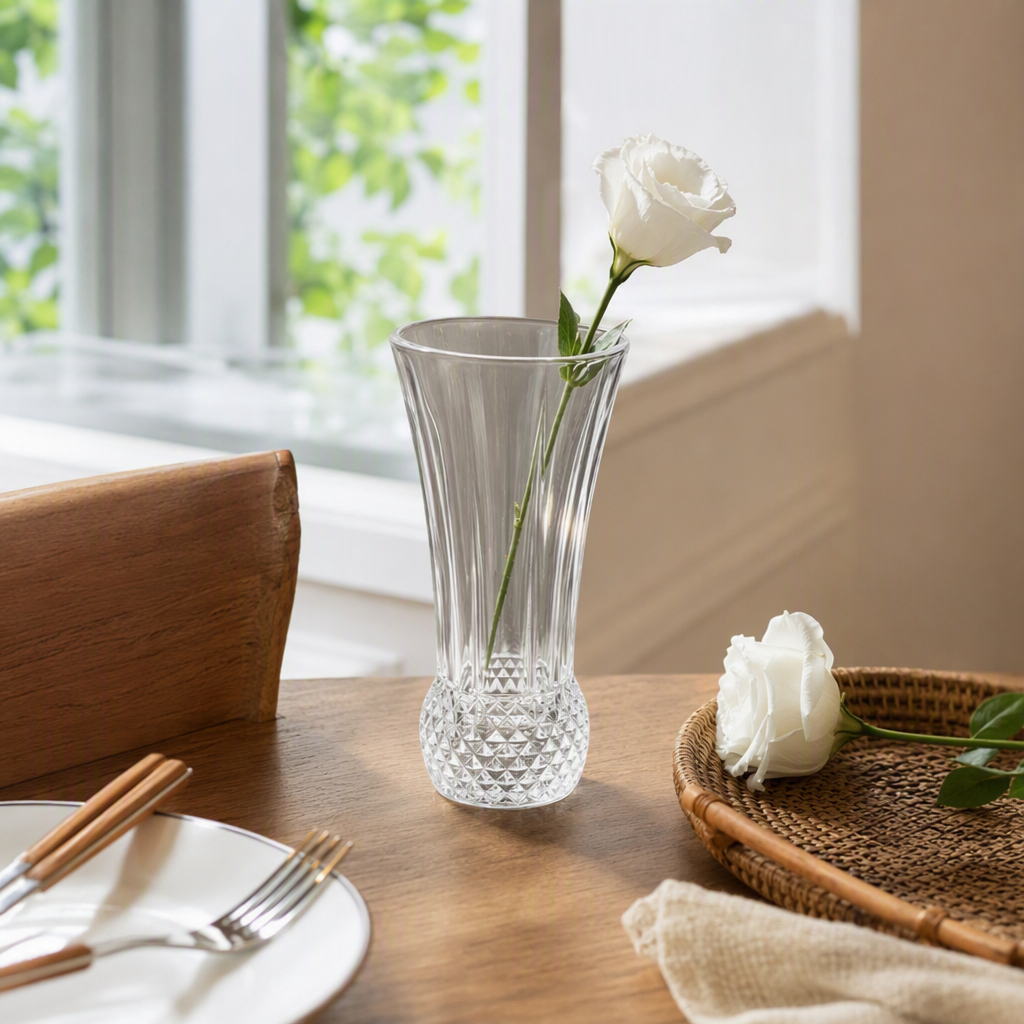 A transparent glass vase decorated with white rose arrangements is a simple and modern gift for the living room, bedroom and home decoration details Picture