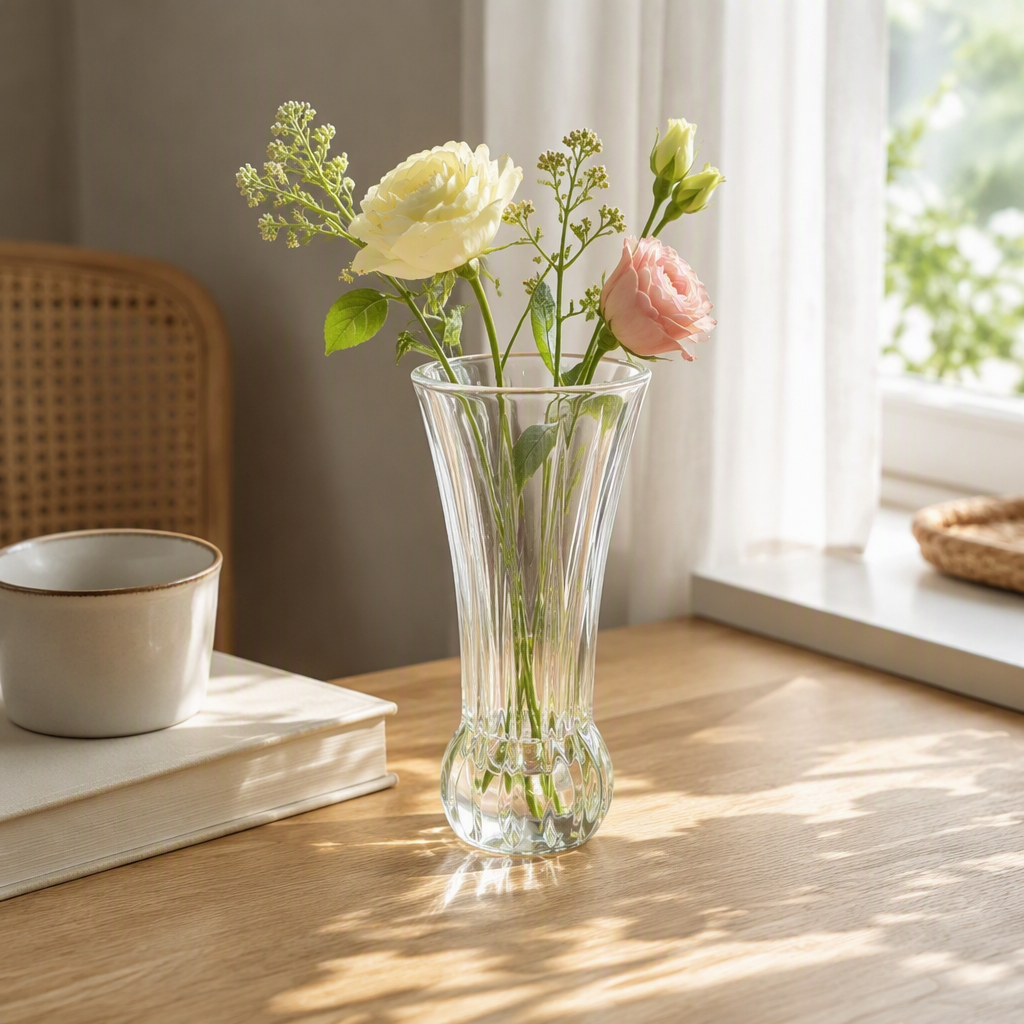 A transparent glass vase paired with a simple white tulip flower arrangement is an indoor decoration and a table arrangement for the living room details Picture