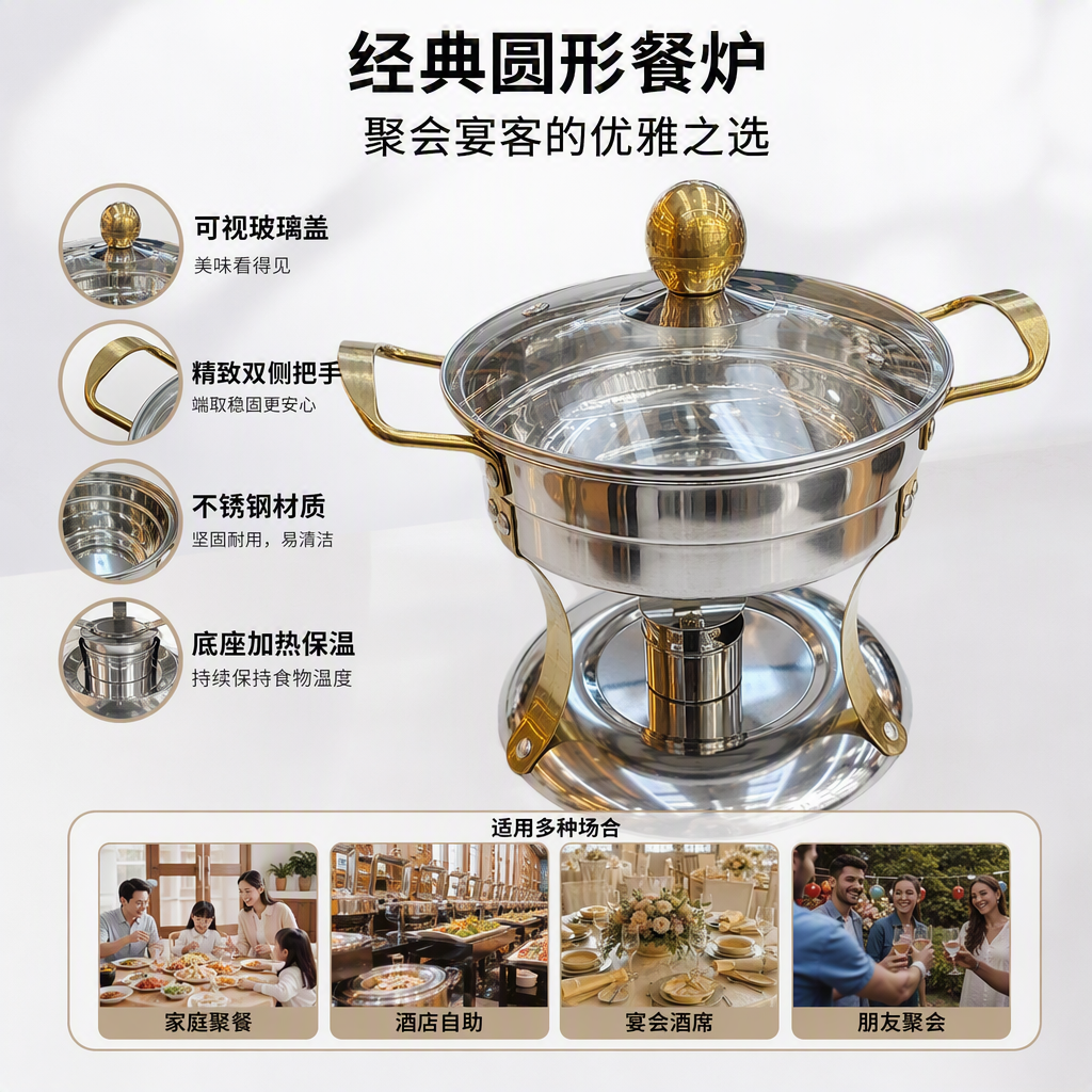 银色金边火锅锅具配透明玻璃盖金色球形把手家庭餐厅多功能火锅用品