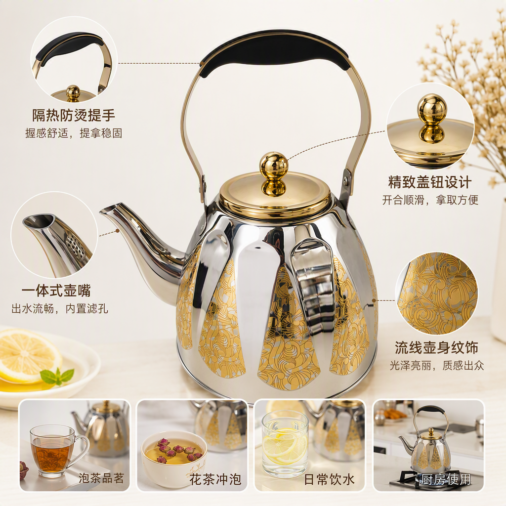 时尚银色不锈钢茶壶金色花纹装饰黑色手柄简约泡茶器具家用茶具