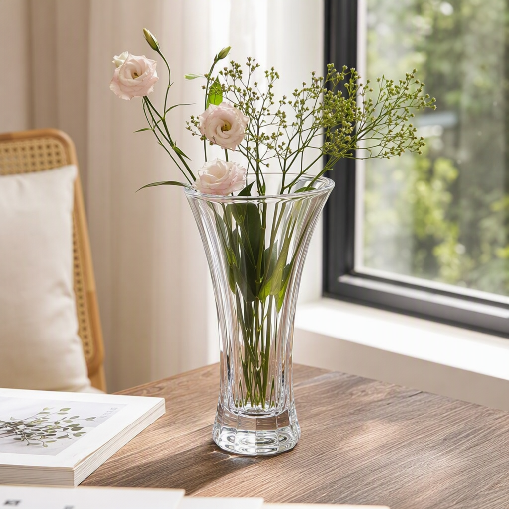 The transparent glass flower bottle with pink rose arrangements is a romantic home decoration that is elegant, beautiful, natural and fresh details Picture