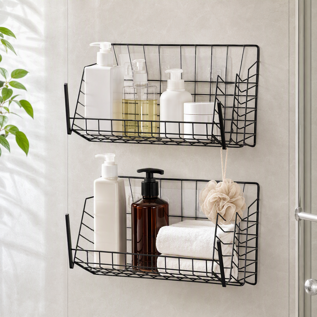Multi-functional white and black shower stand with blue label, anti-slip and durable bathroom storage rack, simple style details Picture