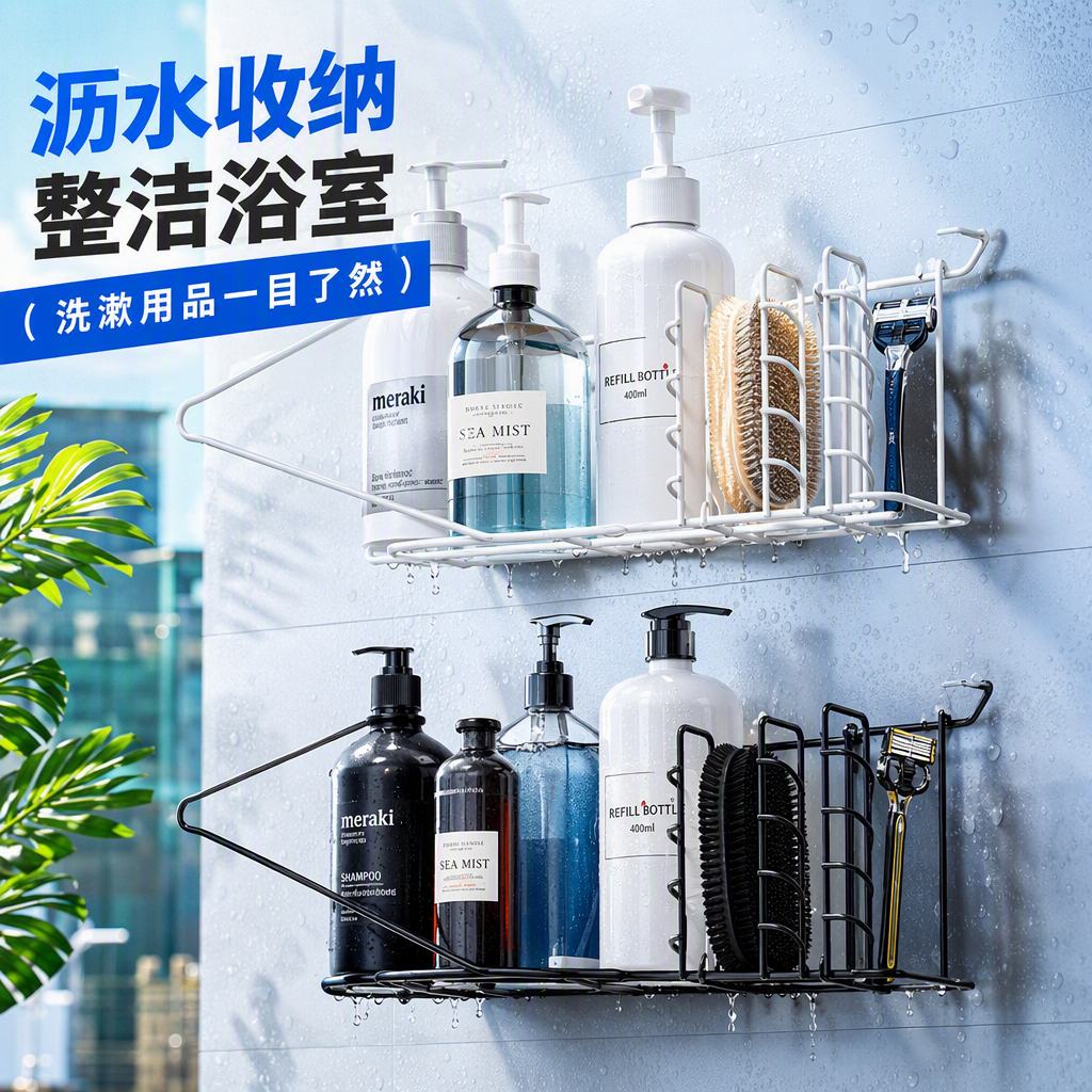 Multi-functional white and black shower stand with blue label, anti-slip and durable bathroom storage rack, simple style Specification image