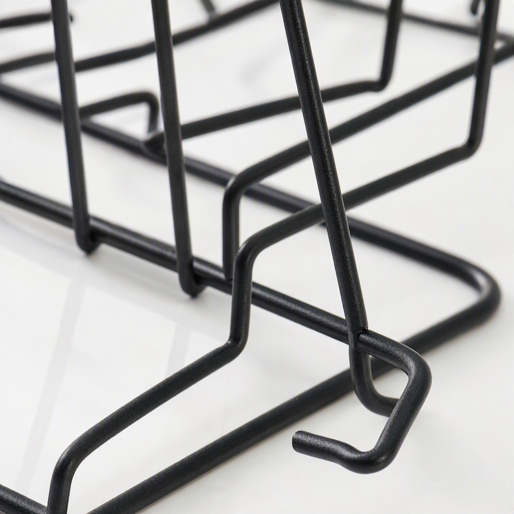 Multi-functional white and black shower stand with blue label, anti-slip and durable bathroom storage rack, simple style Application Scenario