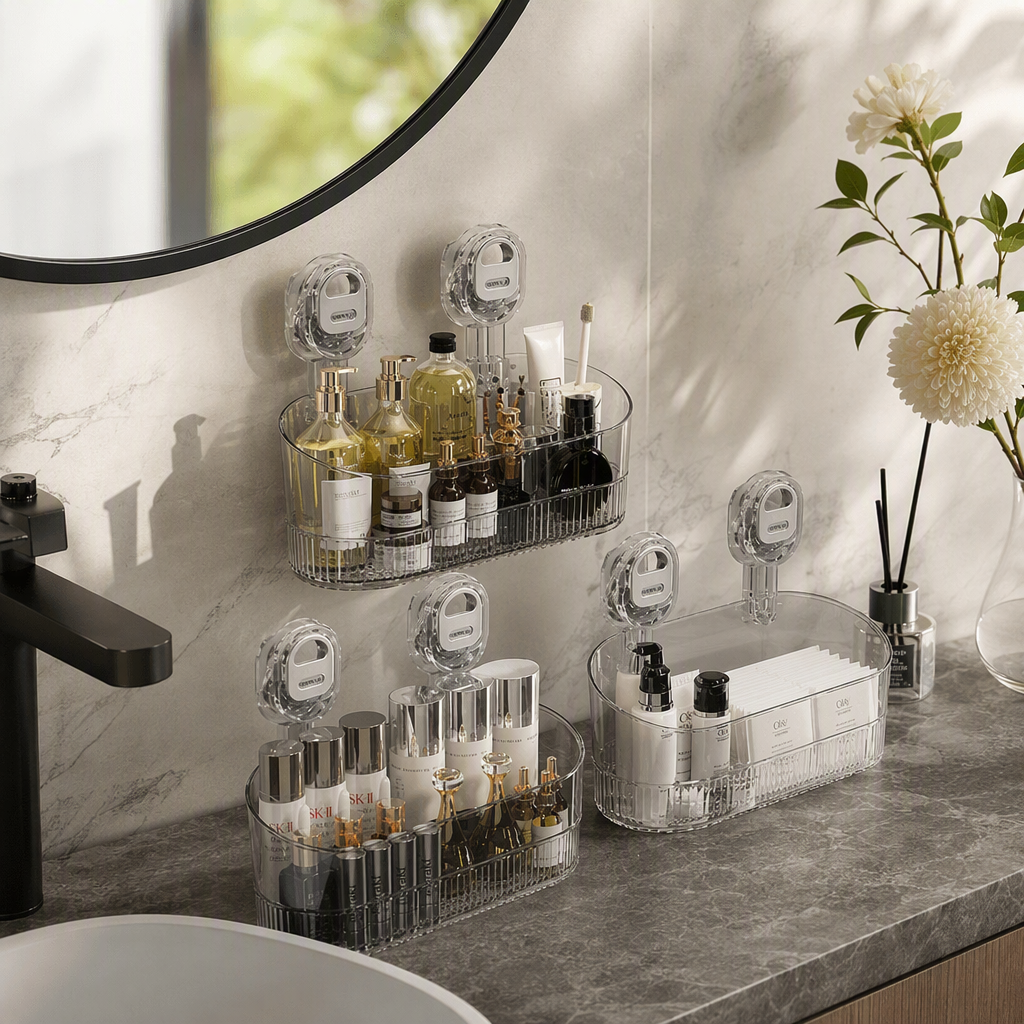 Waterproof and durable suction cup hanging rack, multi-purpose kitchen and bathroom storage rack, powerful adsorption and organization product Application Scenario