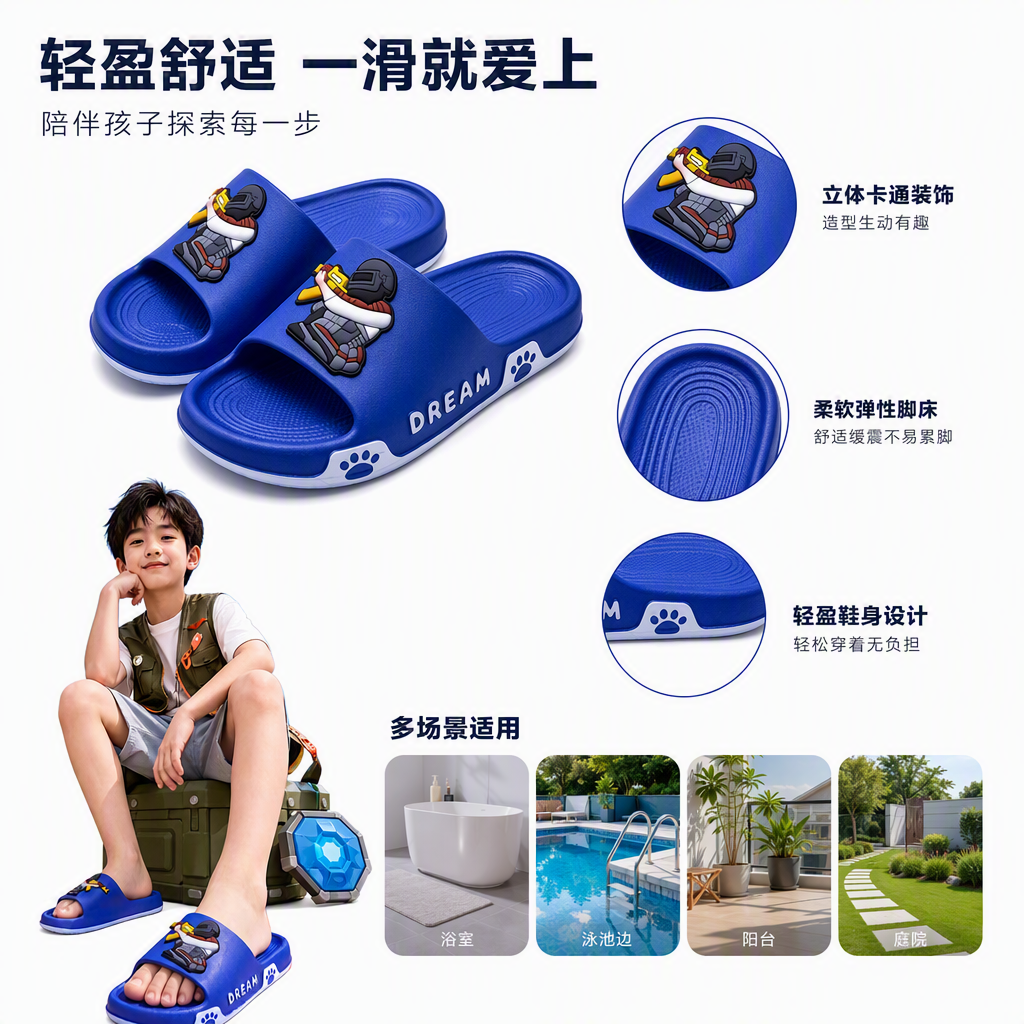 儿童凉拖男童夏季防滑舒适休闲家居蓝色男孩拖鞋潮款软底鞋