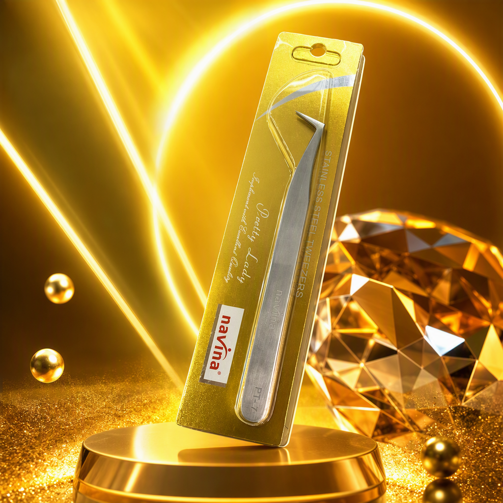 navina golden packaging stainless steel tweezers, PT-7 silver metal fine-tipped professional beauty tools, portable makeup clips Specification image