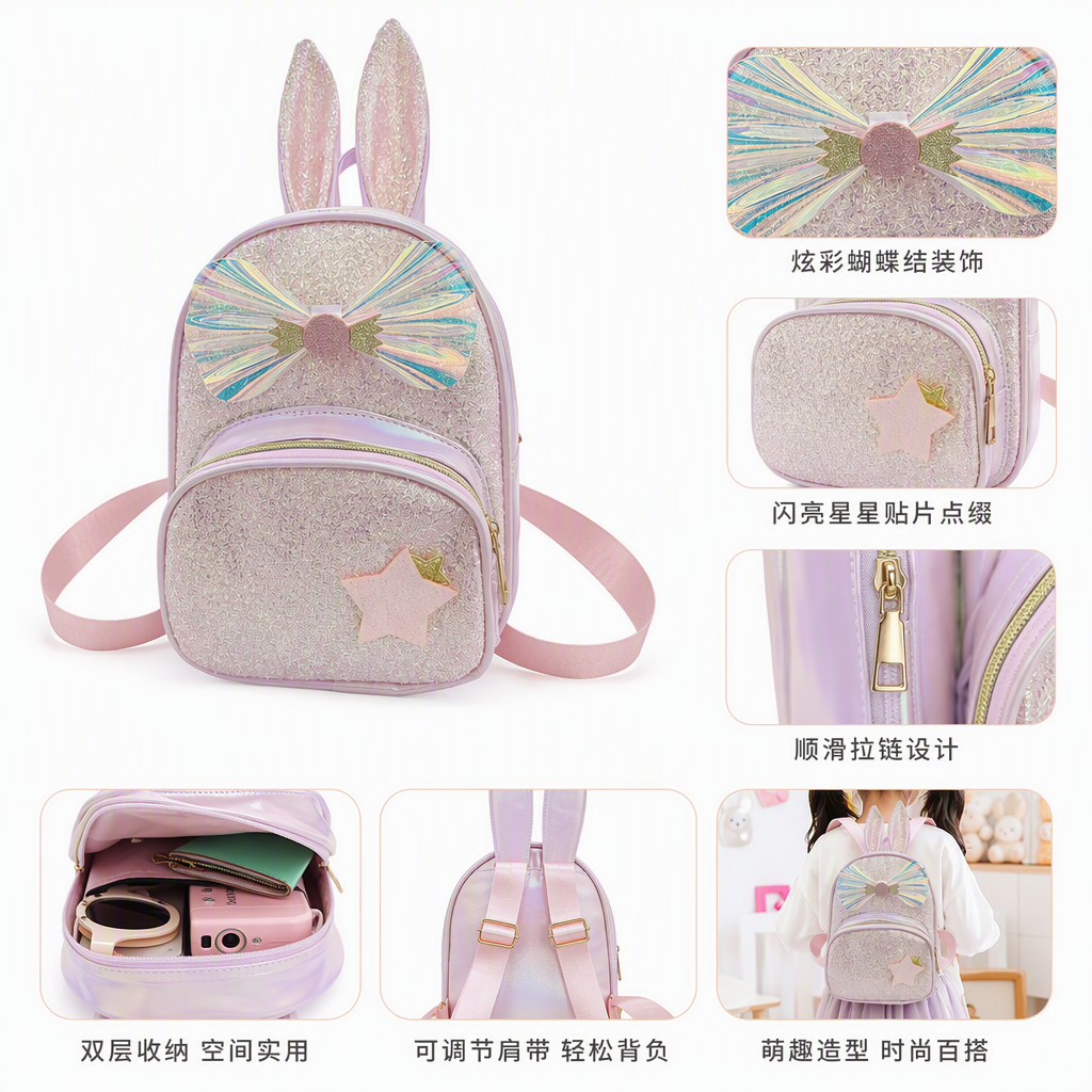 Pink sequined rabbit backpack, cute cartoon girl student hand-held crossbody bag, trendy and versatile children's bag Pink sequined rabbit backpack, cute cartoon girl student hand-held crossbody bag, trendy and versatile children's bag