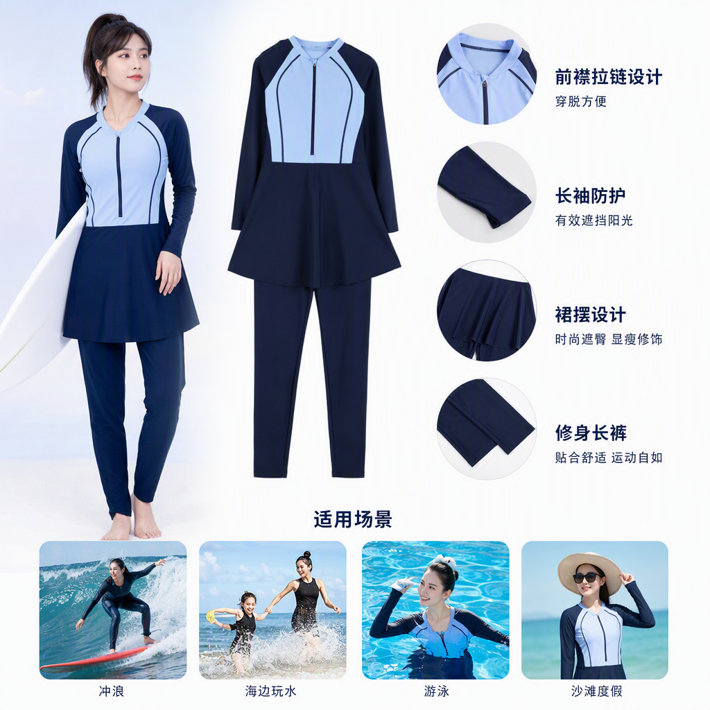 Fashionable two-color long-sleeved swimsuit set, casual sports, sun protection, waterproof, comfortable and slimming trendy style Fashionable two-color long-sleeved swimsuit set, casual sports, sun protection, waterproof, comfortable and slimming trendy style