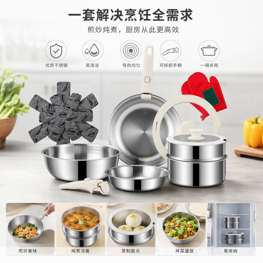 多功能厨房不锈钢锅具套装家用炖煮炒锅汤锅锅铲厨具组合