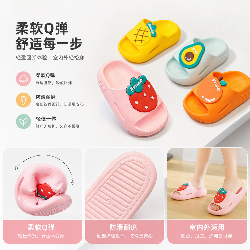 彩色水果图案儿童拖鞋柔软防滑夏季宝宝卡通童鞋可爱舒适款