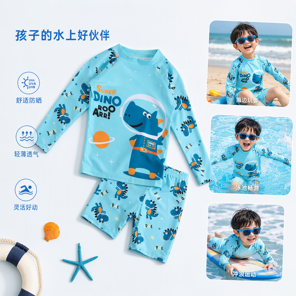 Children's astronaut dinosaur-themed sun-protective clothing and pants set, summer breathable and UV-resistant baby outdoor casual sun-protective clothing Children's astronaut dinosaur-themed sun-protective clothing and pants set, summer breathable and UV-resistant baby outdoor casual sun-protective clothing