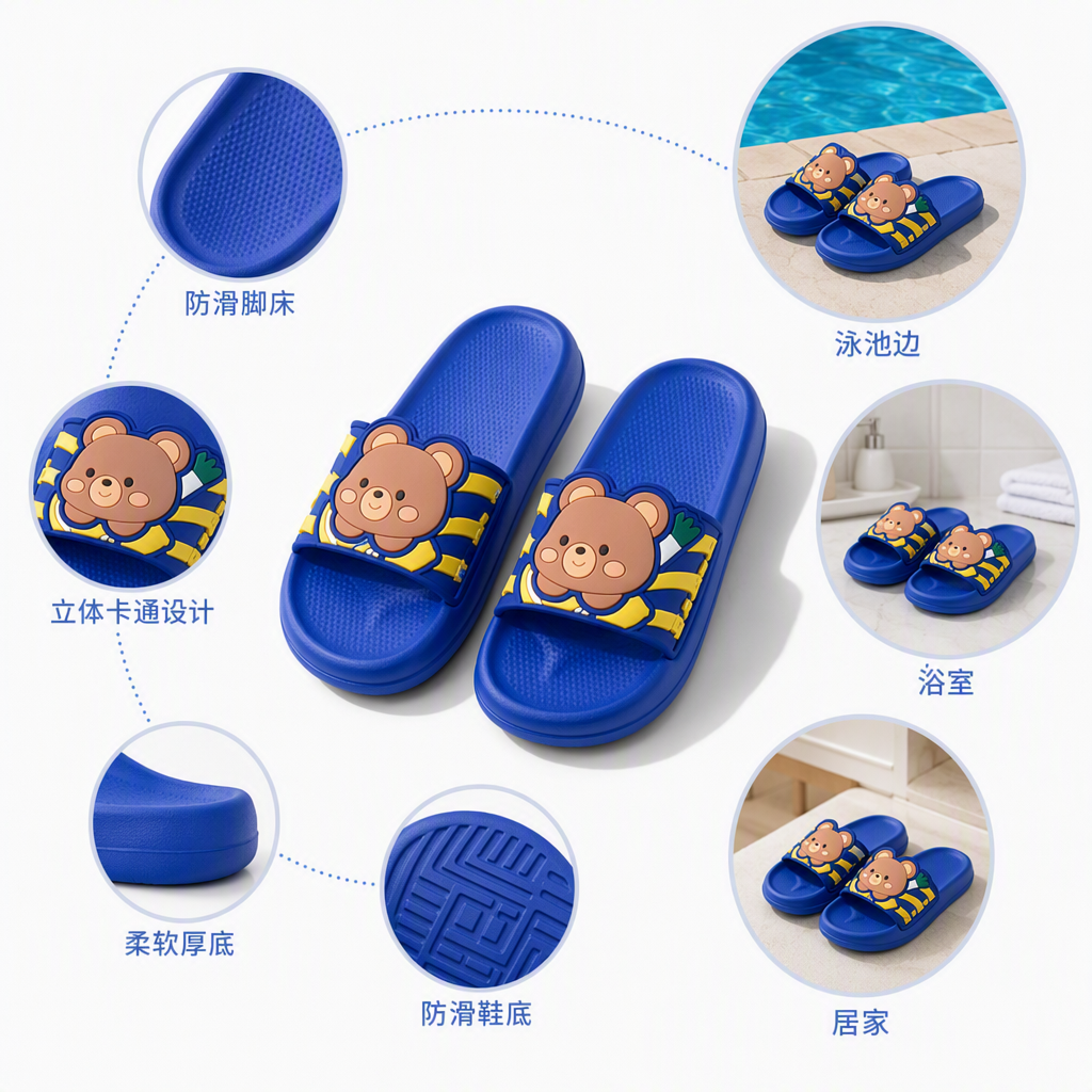 卡通小熊儿童拖鞋蓝黑色款舒适防滑适合室内外白色背景杂志印花设计