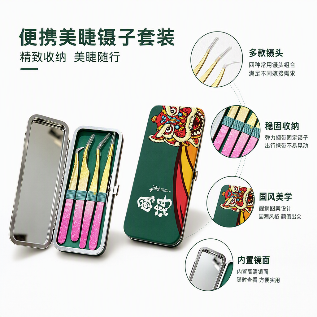 Guozao caja de hierro verde de tres pinzas de uñas juego de patrón de león de baile patrón rosa manijas pinzas de oro pequeño espejo herramienta de manicura portátil