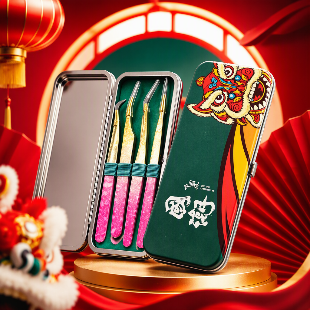 Guozao caja de hierro verde de tres pinzas de uñas juego de patrón de león de baile patrón rosa manijas pinzas de oro pequeño espejo herramienta de manicura portátil Specification image