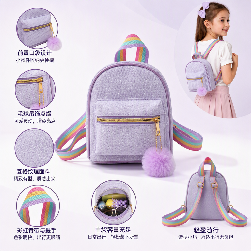 Sequined backpack, rainbow shoulder strap, purple pom-pom pendant, fashionable and versatile, trendy bag, women's bag, student casual bag Sequined backpack, rainbow shoulder strap, purple pom-pom pendant, fashionable and versatile, trendy bag, women's bag, student casual bag