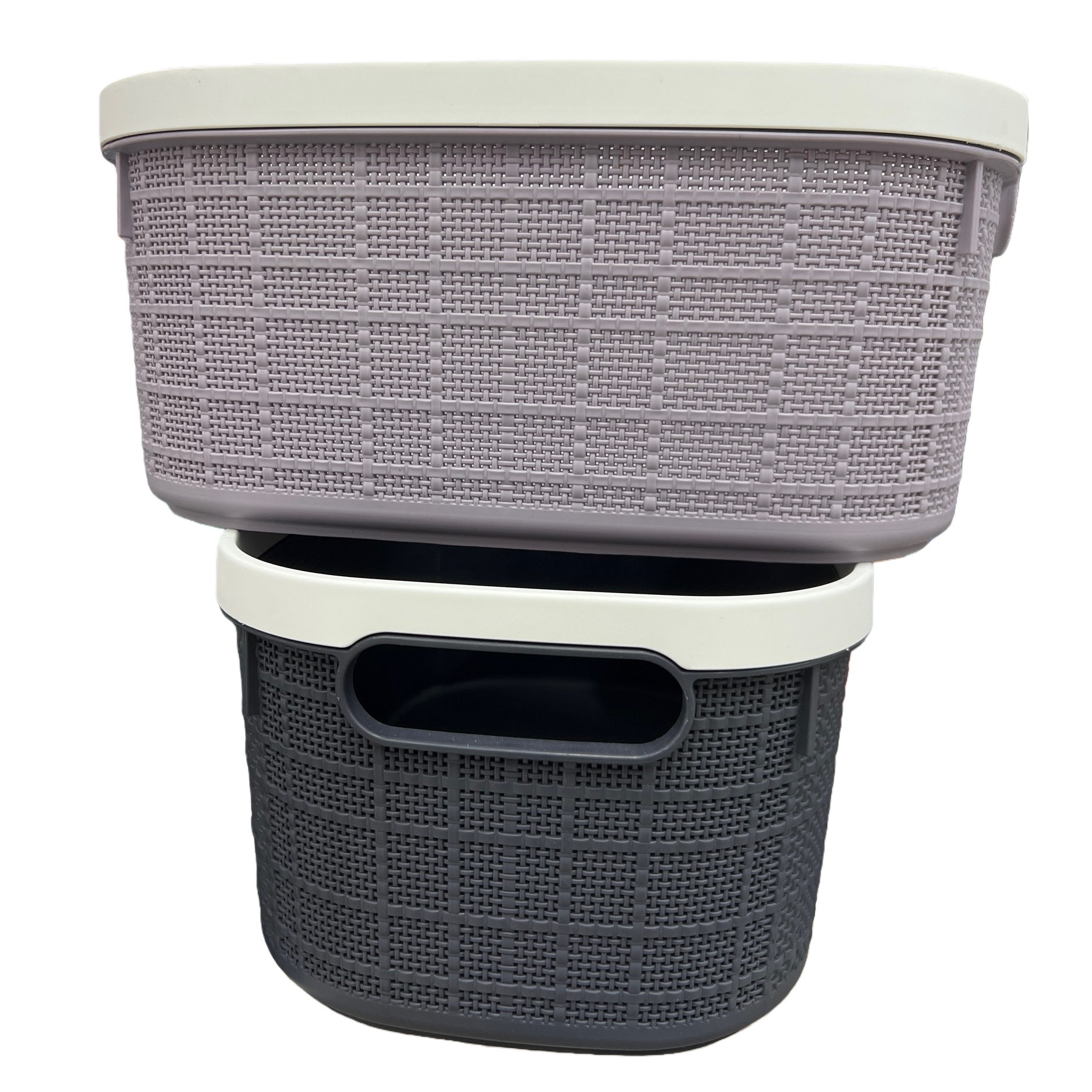 A deep grey storage basket with a handle and woven texture, featuring a white lid, multi-layered stacking and organizing box, storage box, and household storage container Item Picture