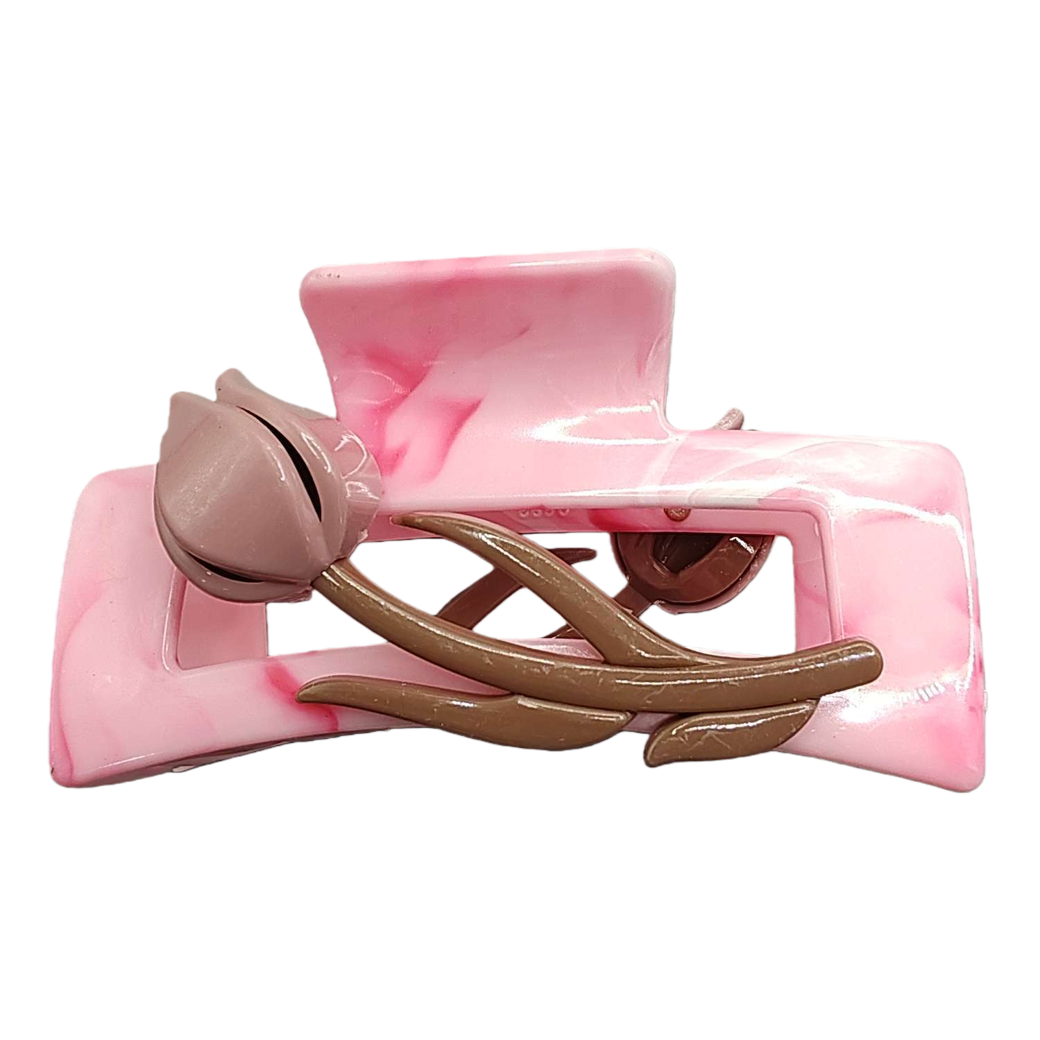 Pink marble-patterned hair clips with brown leaf decorations, simple and elegant hair accessories, headwear, hair clips and hair accessories Item Picture