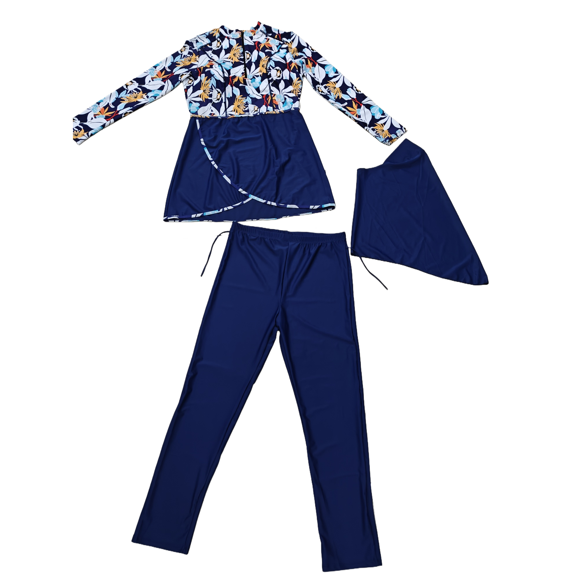 Floral pattern long-sleeved top, dark blue skirt, dark blue trousers with a shawl, elegant and fashionable women's autumn and winter collection Item Picture