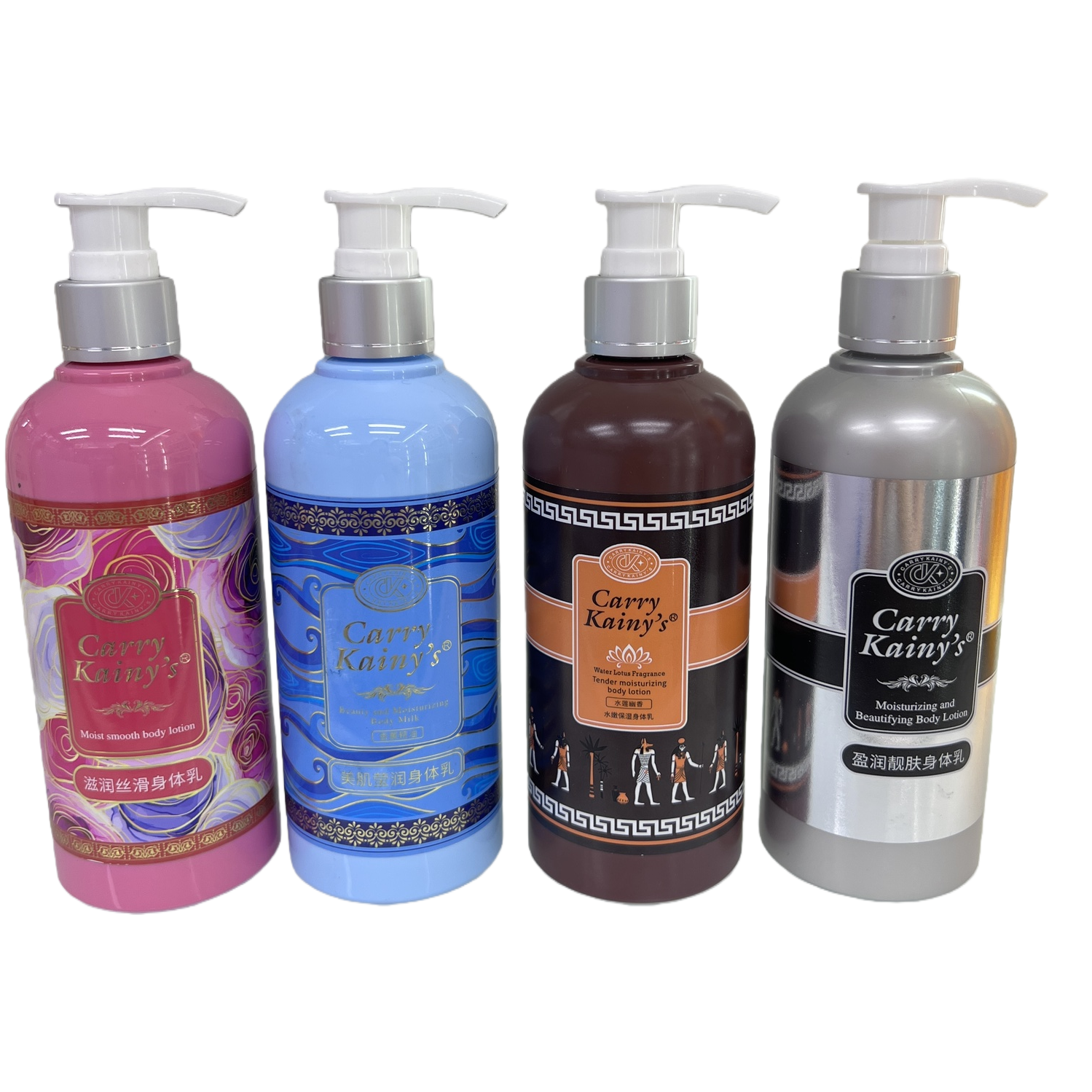 A family set of four bottles of colorful body lotion for hydrating, moisturizing and nourishing scented skin care lotion Item Picture