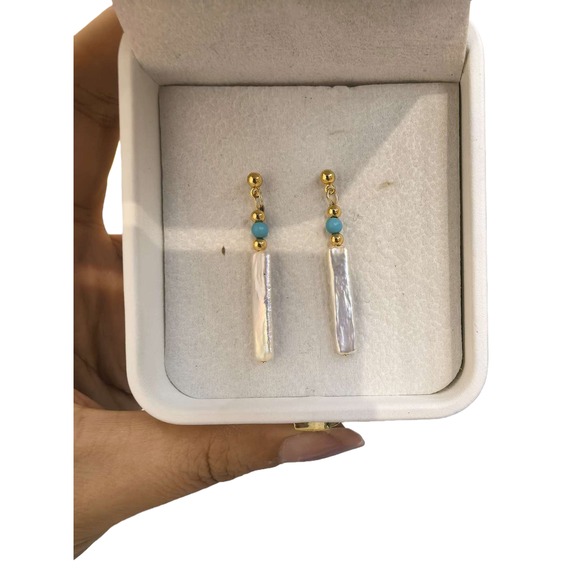 علب الحلي البيضاء والأقراط الذهبية مع خرز أزرق أخضر، لؤلؤ طويل، زينة أنيقة Item Picture