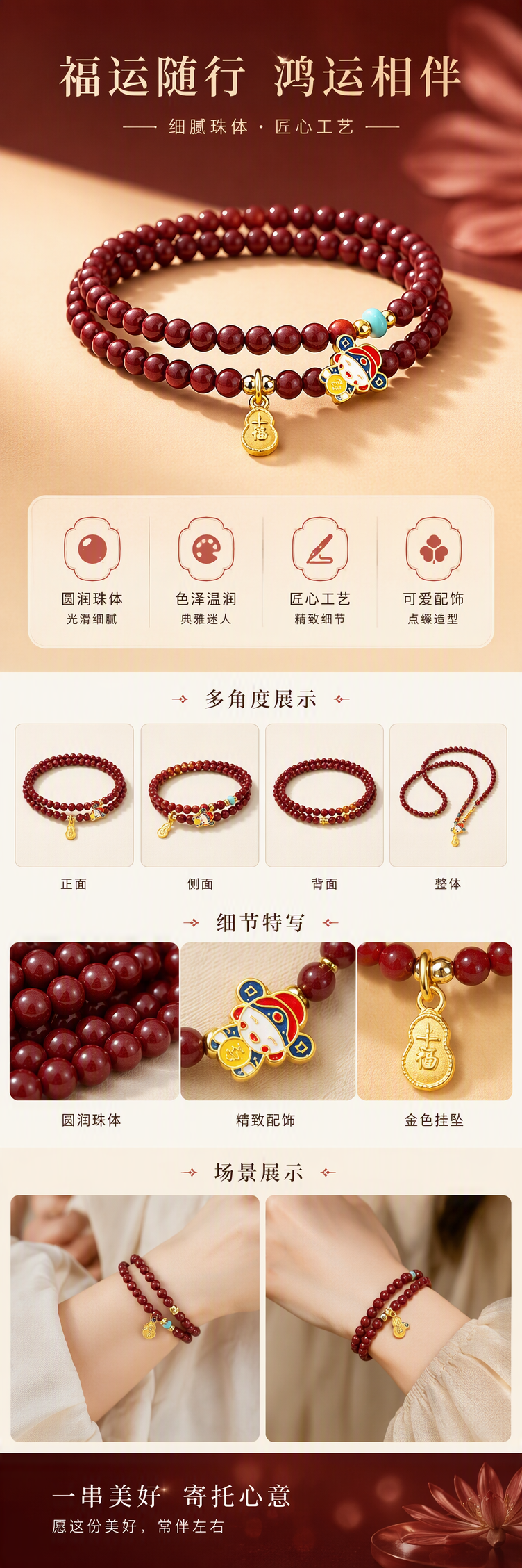 深红色珠串手链搭配金色挂件福字葫芦彩猫造型蓝绿色隔珠时尚手饰女款详情1