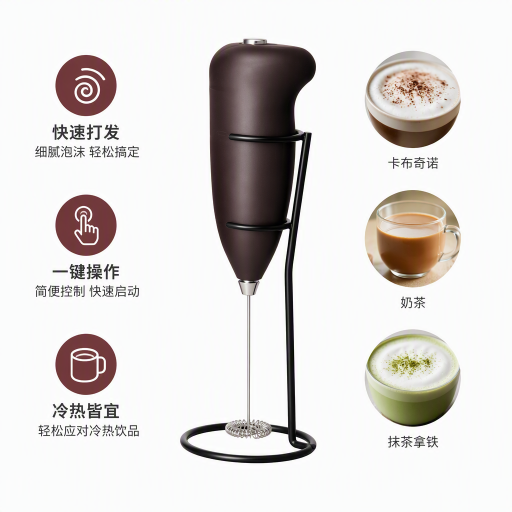 The dark brown handheld milk frother with a bracket and a spiral stirring head packaging box showcases the USEFUL EVERYDAY milk frother
