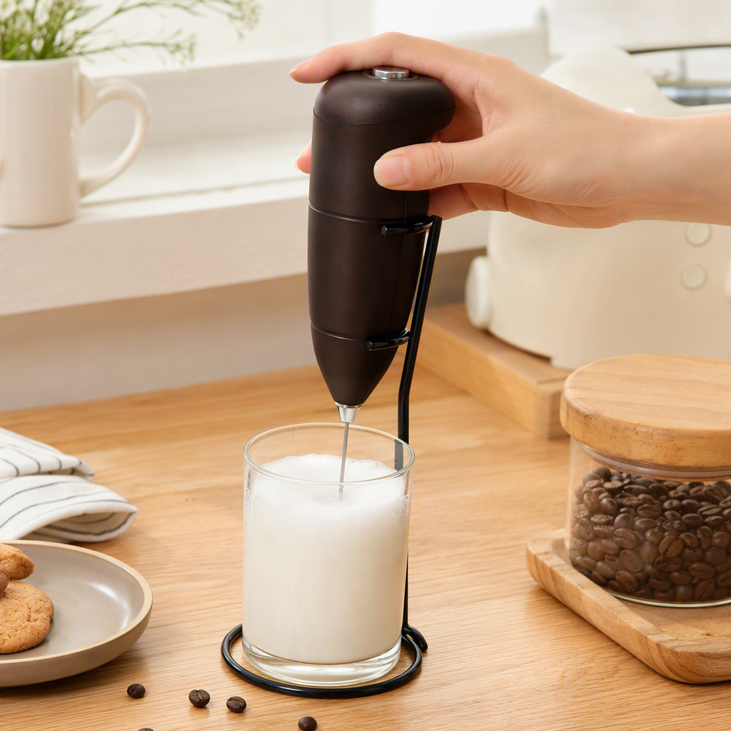 The dark brown handheld milk frother with a bracket and a spiral stirring head packaging box showcases the USEFUL EVERYDAY milk frother details Picture
