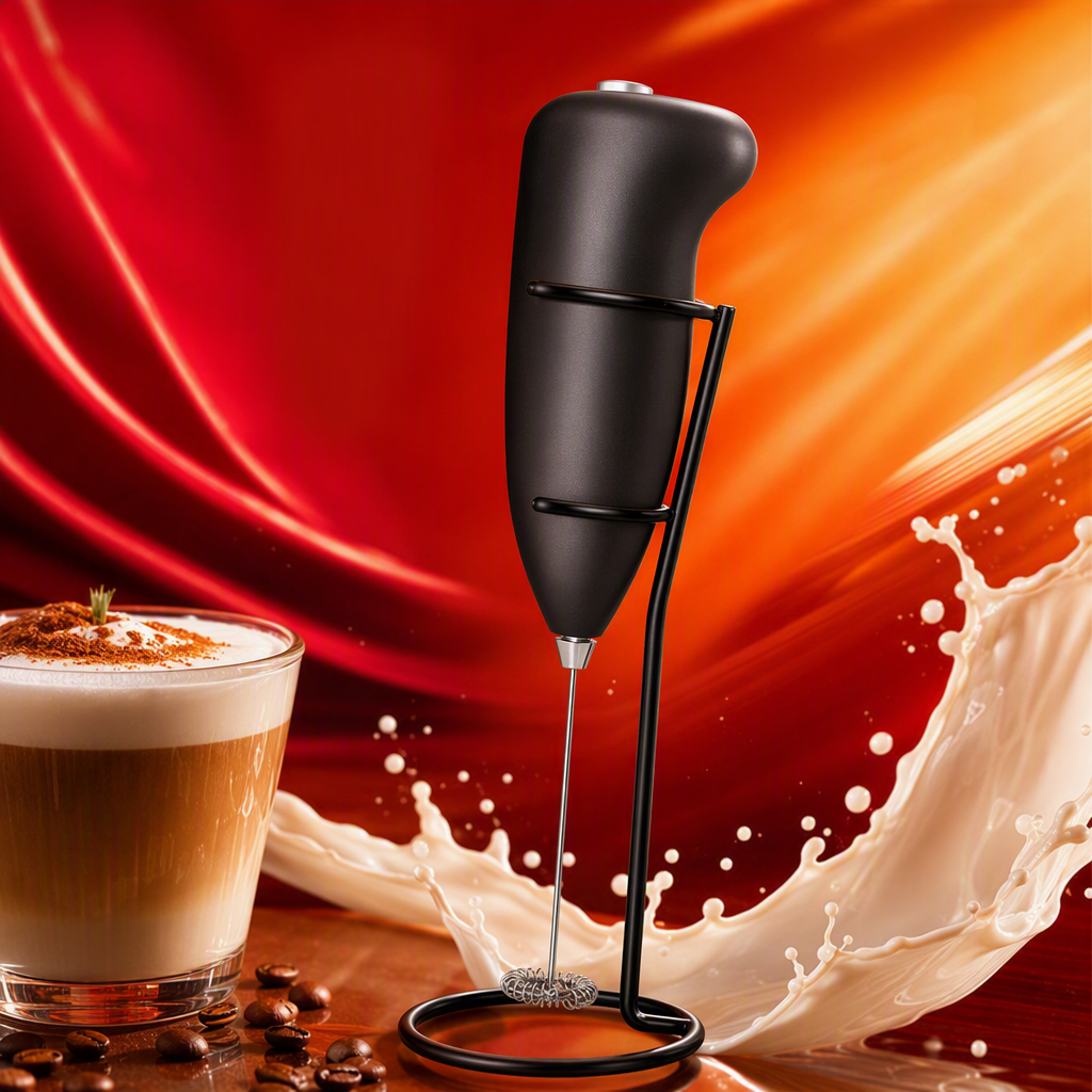 The dark brown handheld milk frother with a bracket and a spiral stirring head packaging box showcases the USEFUL EVERYDAY milk frother Specification image