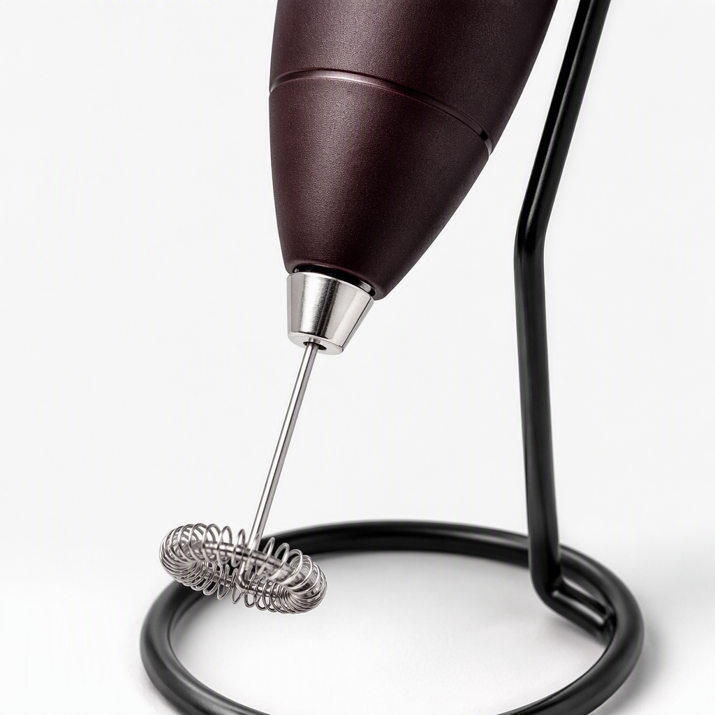The dark brown handheld milk frother with a bracket and a spiral stirring head packaging box showcases the USEFUL EVERYDAY milk frother Application Scenario