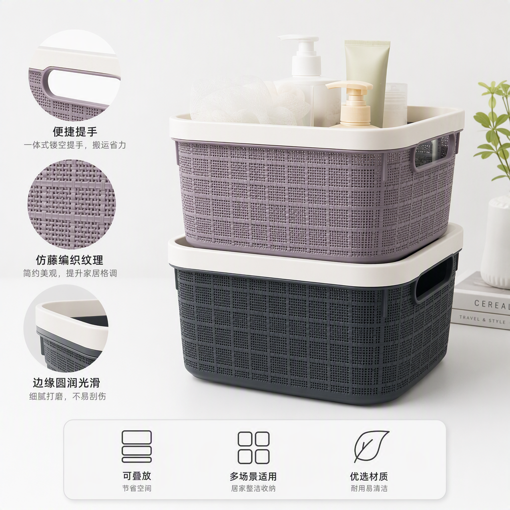 A deep grey storage basket with a handle and woven texture, featuring a white lid, multi-layered stacking and organizing box, storage box, and household storage container