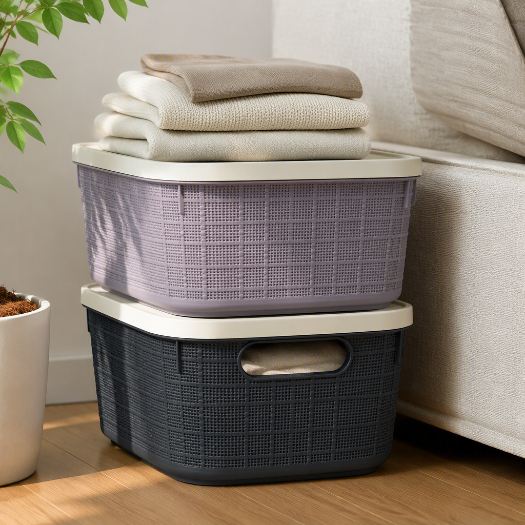 A deep grey storage basket with a handle and woven texture, featuring a white lid, multi-layered stacking and organizing box, storage box, and household storage container details Picture