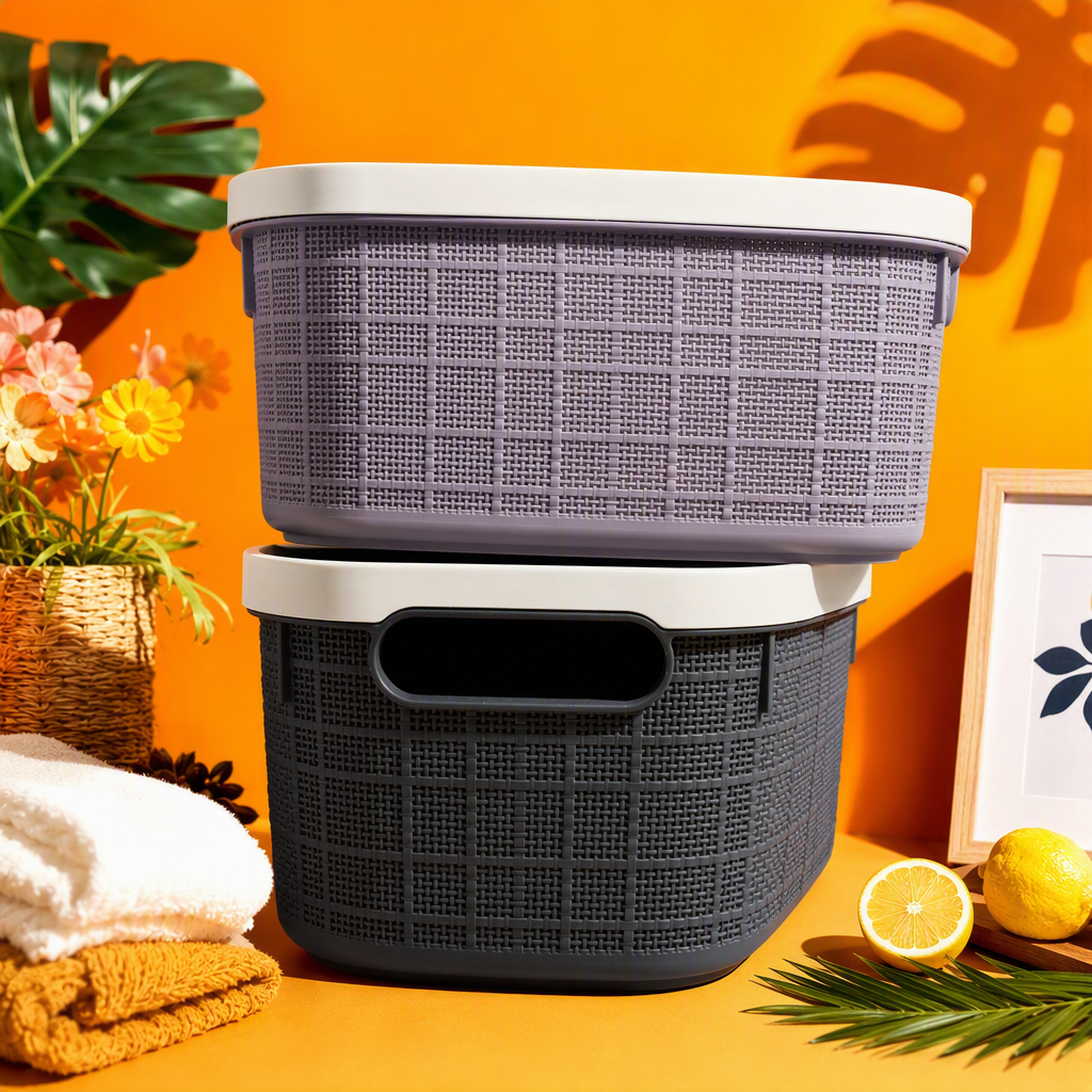 A deep grey storage basket with a handle and woven texture, featuring a white lid, multi-layered stacking and organizing box, storage box, and household storage container Specification image
