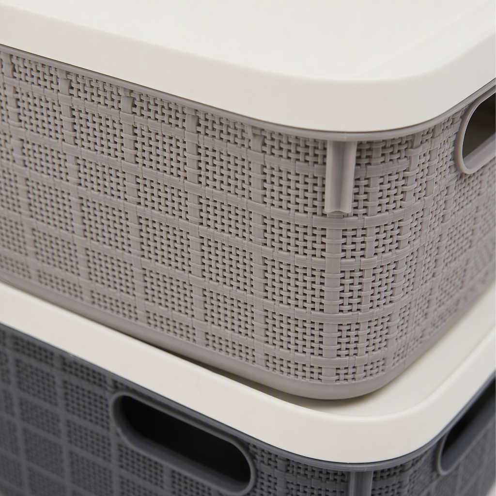 A deep grey storage basket with a handle and woven texture, featuring a white lid, multi-layered stacking and organizing box, storage box, and household storage container Application Scenario