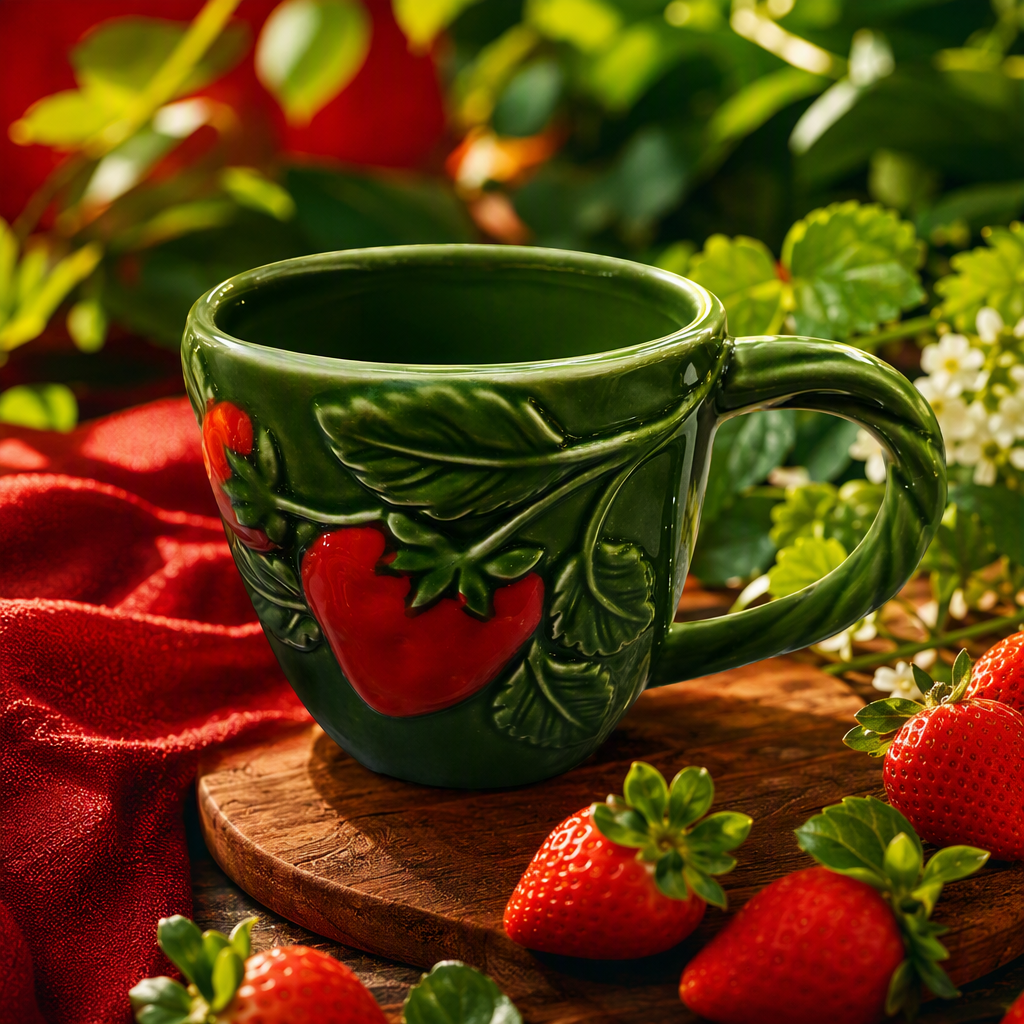 Creative green leaf strawberry pattern ceramic cup, simple and fashionable drinking water, coffee and tea set, home and office gift Specification image