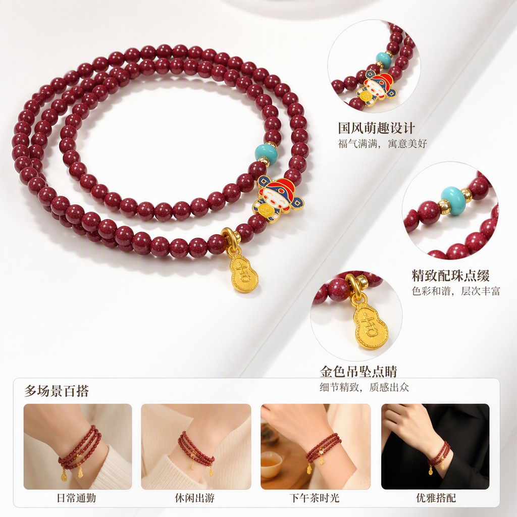 深红色珠串手链搭配金色挂件福字葫芦彩猫造型蓝绿色隔珠时尚手饰女款