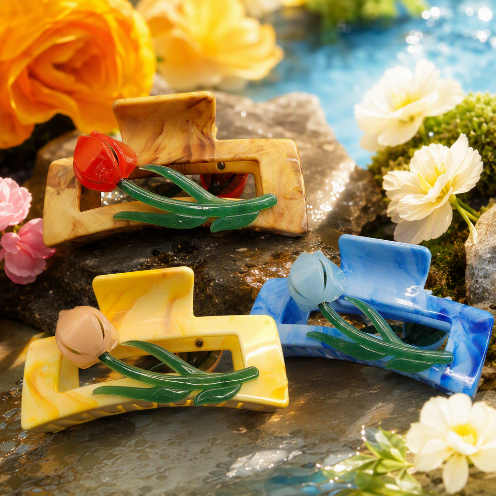 Marble-patterned hair clips, red flower and green leaf decorations, fashionable hair accessories, hair clips, headwear, hair accessories for women Specification image