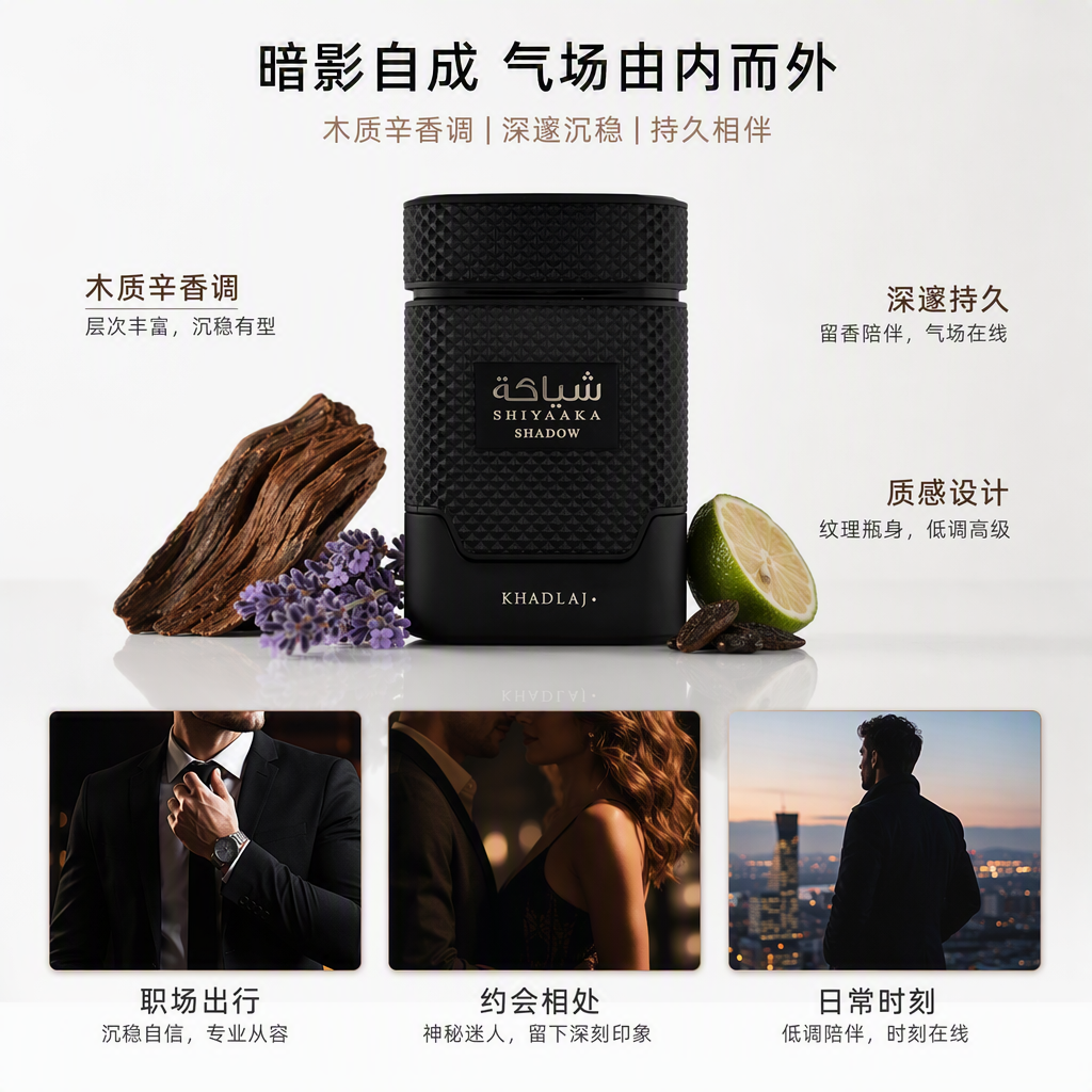 Black matte perfume bottle with golden label, Middle Eastern fragrance strong aroma packaging box. Black and gold color combination perfume, long-lasting fragrance