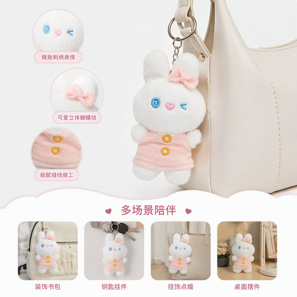 Four-color cute rabbit dolls, plush toys, schoolbag hangers, keychains, children's gifts, wholesale small hangers for foreign trade, four-color dresses, rabbit plush keychains, Mother's Day gifts, acrylic keychains, accessories, fashionable and cute ornaments Specification image